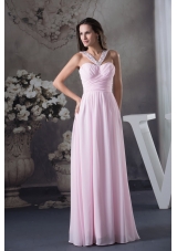 Beaded V-neck Ruched Pink Prom Holiday Dress with Side Zipper