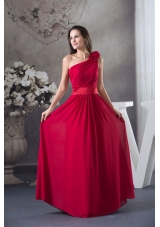 Flowery One Shoulder and Ruches Accent Prom Formal Dress in Wine Red