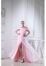 Off-the-shoulder Slitted Chiffon Prom Dress for Girls in Baby Pink