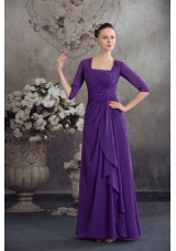 Purple Half Sleeves Square Prom Dress with Ruffles and Beadings