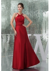 Ruched High-Neck Floor-length Column Prom Dress in Wine Red