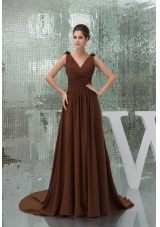 Ruches and Flowers Accent Brown Prom Dress with Court Train