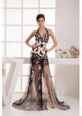 Satin Tulle Halter Top Brush Train Appliques Ivory Prom Dress