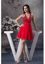 Sexy Half-open Back V-neck Red Prom Dress with Rhinestone