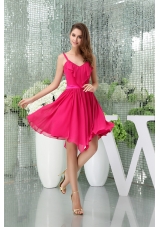 Spaghetti Straps Chiffon Hot Pink Prom Dress with Asymmetrical Hemline