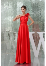 Taffeta Floor-length One Shoulder Red Prom Dress with Handmade Flower