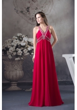V-neck Beaded Red Chiffon Prom Formal Dress with Criss Cross Back