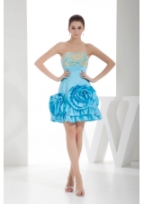 Aqua Blue Strapless Hand Made Flowers Short Prom Gowns with Embroidery