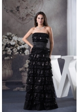 Black Ruffled Layers Strapless Floor-length Prom Dress with Ruched Sash