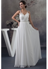 Floor-length Ruched Straps White Prom Dress with Handmade Flower