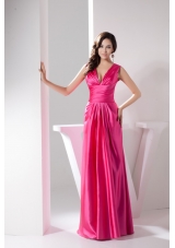 Full Length V-neck Prom Gowns in Hot Pink Decorated with Ruching