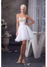 Beaded and Ruched White Organza Prom Dresses of Mini-length