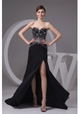 Beading and High Slit Decorated Sheath Black Brush Train Prom Gown