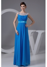 Beading and Ruches Accent Long Blue Scoop Prom Gown Dresses