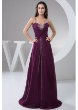 Purple Brush Train Prom Evening Dress with Ruches and Beading
