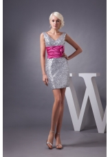 Silver V-neck Prom Graduation Dress with Ruche Hot Pink Belt