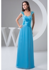 Straps Blue Floor-length Prom formal Dress with Ruches and Beading