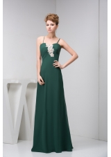 Appliqued Dark Green Prom Holiday Dress with Spaghetti Straps