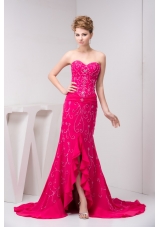 Beaded and Flounced Chiffon Prom Evening Dress in Hot Pink
