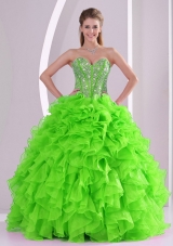 Discount Ball Gown Sweetheart Ruffles and Beaing Floor-length Quinceanera Gowns in Green