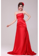 Perfect Brush Train Red Ruched Prom Party Dress with Beading