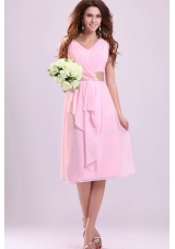 Baby Pink Empire V-neck Chiffon Prom Gown Dress with Ruches