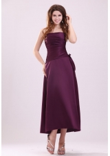 Cheap A-Line Strapless Ankle-length Purple Ruched Prom Dresses