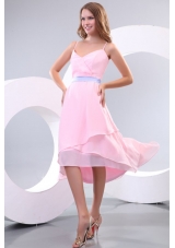 Cheap Baby Pink High-low Prom Gown Dress with Lavender Sash