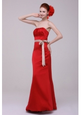 Elegant Strapless Taffeta Red Floor-length Prom Dress with Sashes