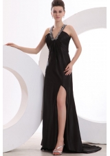 Black V-neck Beaded High Silt Prom Gown Dress with Brush Train