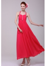 Hot Empire Halter Top Red Ankle-length Prom Dress with Beading
