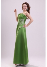Green Column Strapless Satin Prom Theme Dresses with Beading