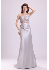 Grey One Shoulder Beaded Prom Maxi Dress with Watteau Train