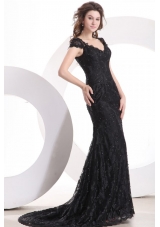 Lace Black Column V Neck Prom Pageant Dress with Brush Train