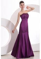 Mermaid Strapless Purple Satin Prom Party Dress with Appliques