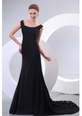 Scoop Black Chiffon Lace Prom Pageant Dresses with Court Train