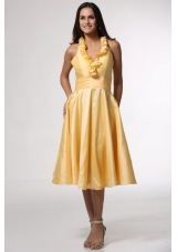 Simple Halter Top Yellow Tea-length Prom Gown Dress with Ruffles