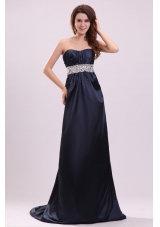 Brush Train Strapless Beading Navy Blue Dress for Prom Night