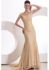 Champagne Color Trumpet Strapless Lace Prom Evening Dress