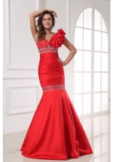 Sexy Red Mermaid One Shoulder Floor-length Beading Prom Dress