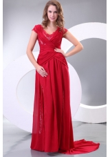 Low Cost V-neck Watteau Train Short Sleeves Red Formal Prom Gown