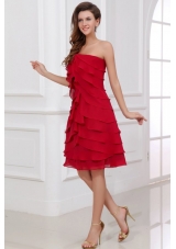 A-line Strapless Empire Red Short Prom Dress with Chiffon Layers