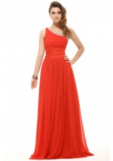One Shoulder Ruches Beading Red Chiffon Prom Party Dress