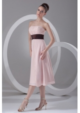 Pink Strapless Tea-length Chiffon Prom Holiday Dress with Belt
