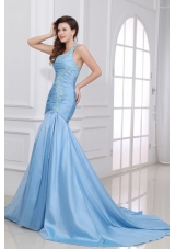 Blue One Shoulder Appliques Prom Dresses with Sweep Train
