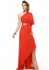 Single Sleeves Beading Red Prom Attire with Asymmetrical Hem