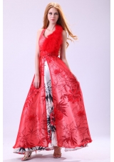 Printed Halter Top Feather Red and White Prom Dress in Empire