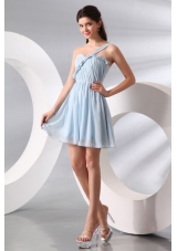 Short One Shoulder Ruche Chiffon Prom Dresses in Light Blue