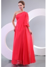 Hot Chiffon One Shoulder Single Sleeve Coral Red Prom Gown