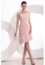 Pink One Shoulder Layers Prom Dress with Hand Made Flower
